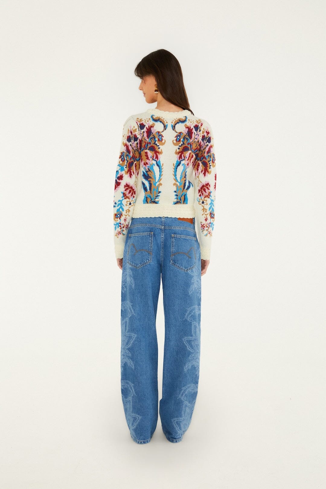 Pantalon en denim FARM Rio à motif de feuilles et de fleurs gravé au laser, jambe droite longueur cheville — vue 3