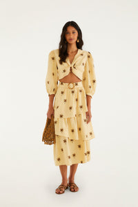 Top court FARM Rio en lin et viscose sable, broderie d'arbres, encolure en V et boucle en bambou, vue de dos
