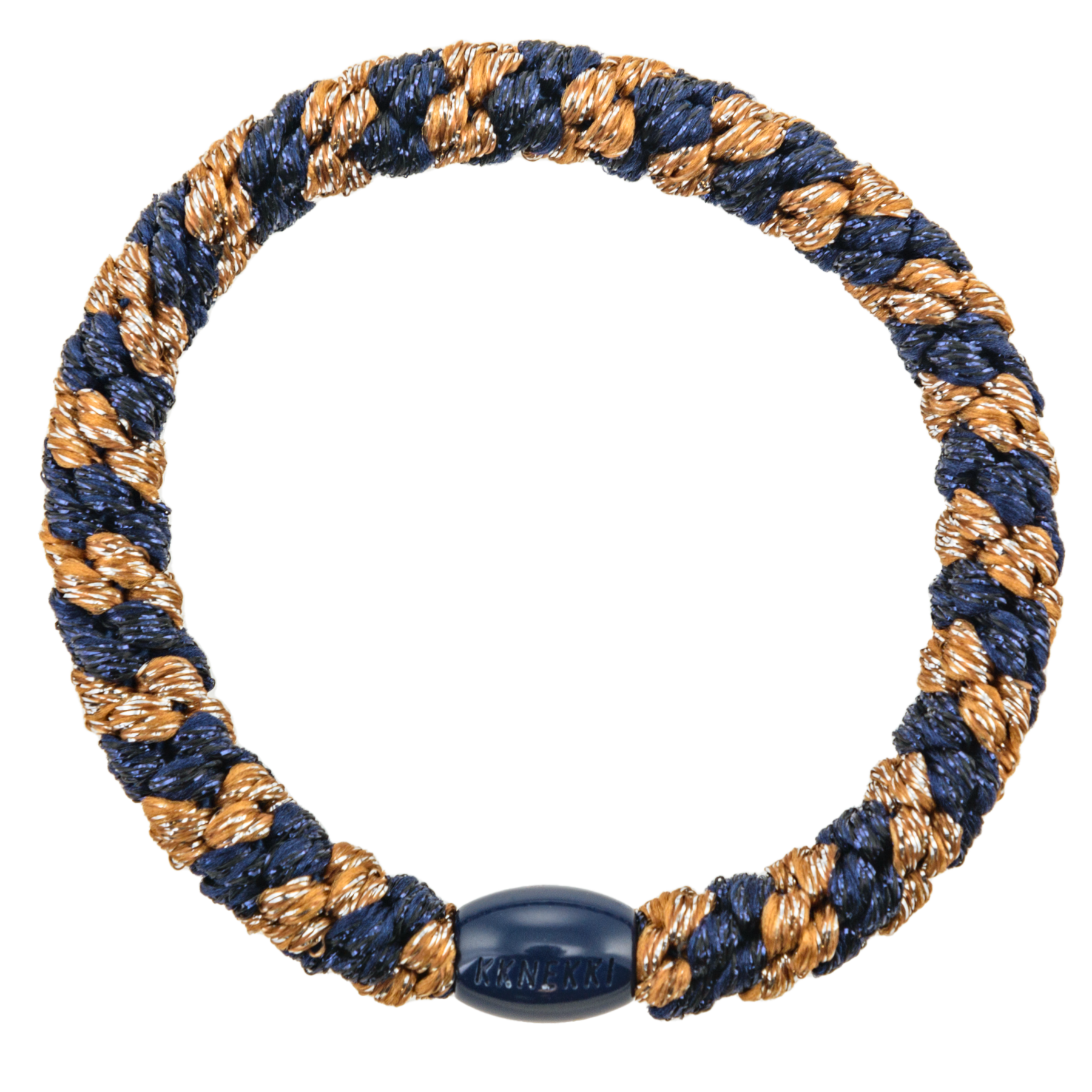Élastique à cheveux KKNEKKI Rayé Cognac & Bleu Marine Pailleté, modèle Original – vue de face