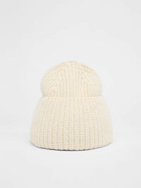 Bonnet côtelé laine et coton bio LANIUS Blanc cassé – vue de face, revers relevé