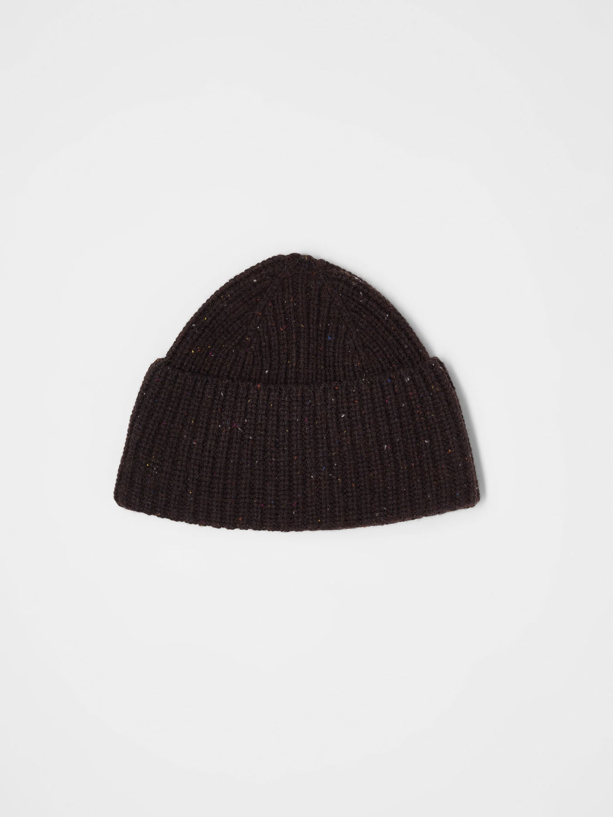 Bonnet côtelé laine et coton bio LANIUS Chocolat tweed – vue de face, revers relevé