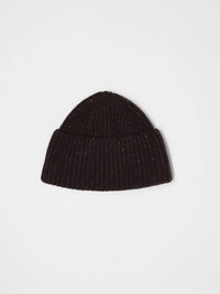 Bonnet côtelé laine et coton bio LANIUS Chocolat tweed – vue de face, revers relevé
