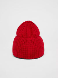 Bonnet côtelé laine et coton bio LANIUS Rouge – vue de face, revers relevé