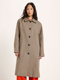 Manteau à carreaux laine vierge et coton bio LANIUS Noir & beige – vue de face, boutonné
