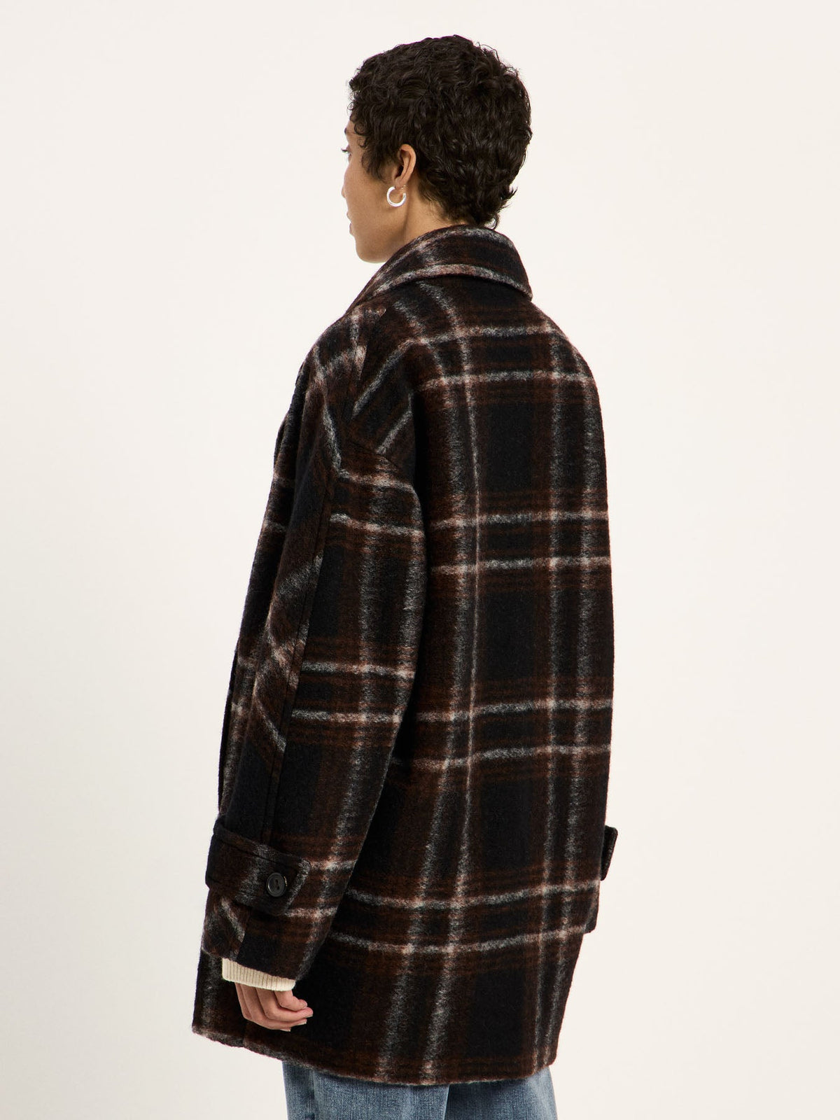 Manteau court à carreaux LANIUS Noir & marron – vue de profil, longueur mi-cuisse