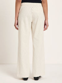 Vue de dos du pantalon Marlene rayé écru LANIUS, coupe ample et rayures fines