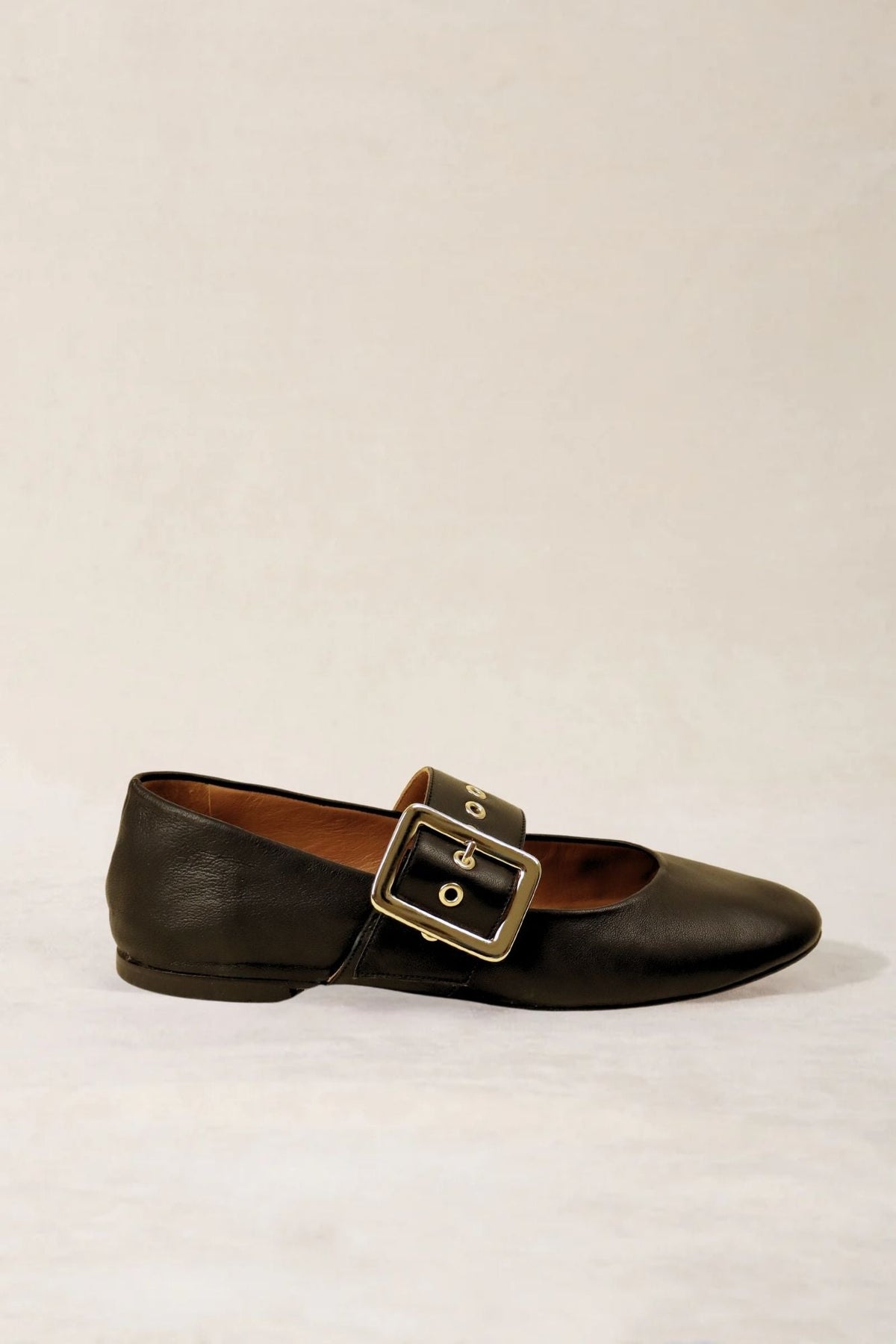 Ballerine Mary Jane en cuir noir MICUIR Danseur de Roche, boucle plaquée or – vue de profil