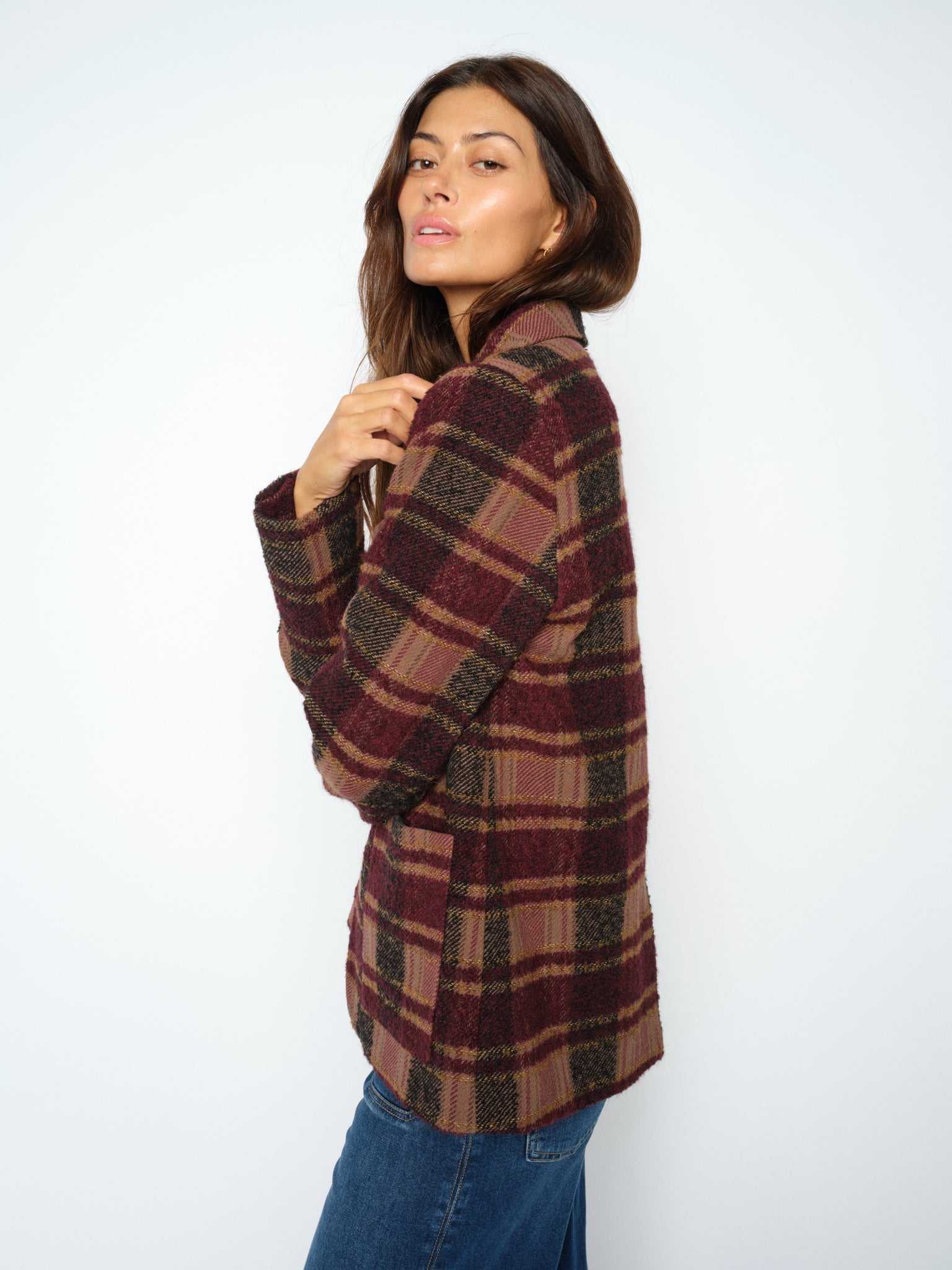 Blazer oversize à carreaux MOS MOSH Port Royale – détail du col cranté et du tissage bouclé