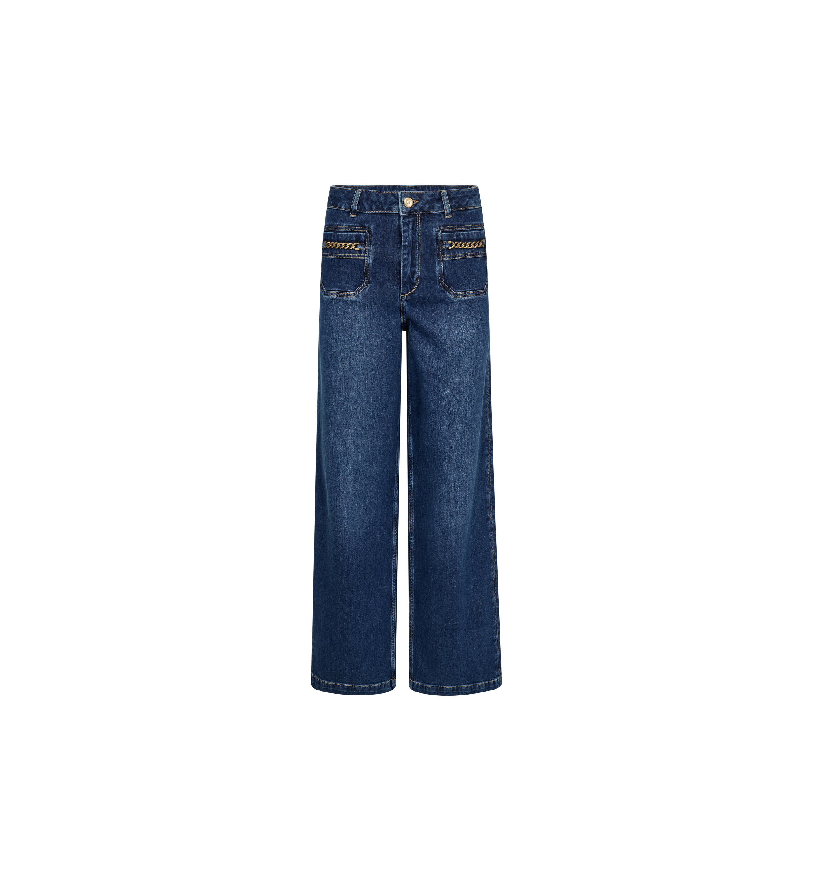Jean large taille haute MOS MOSH Dark Blue – vue de face à plat, poches plaquées à chaîne dorée