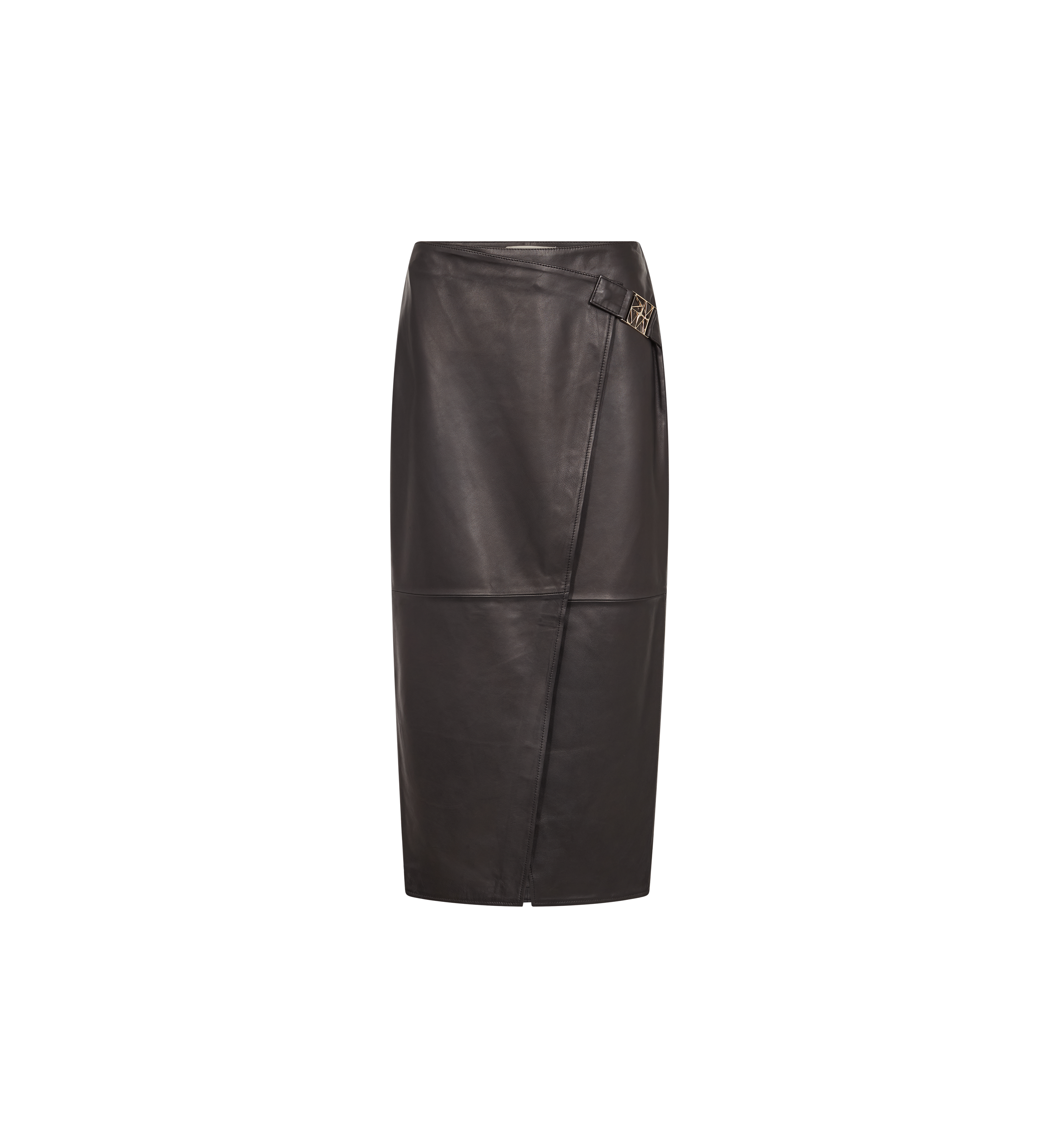 Jupe portefeuille en cuir MOS MOSH noire – vue de face à plat, pan croisé et boucle