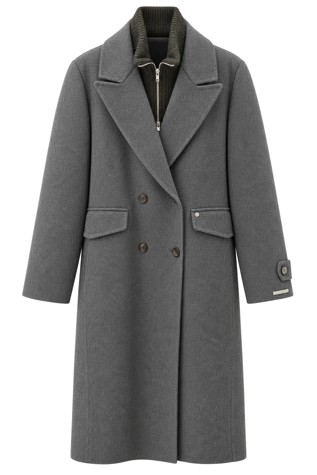 Manteau long MOS MOSH « Alva Loisa » anthracite en laine, à double boutonnage, col cranté et col montant amovible zippé