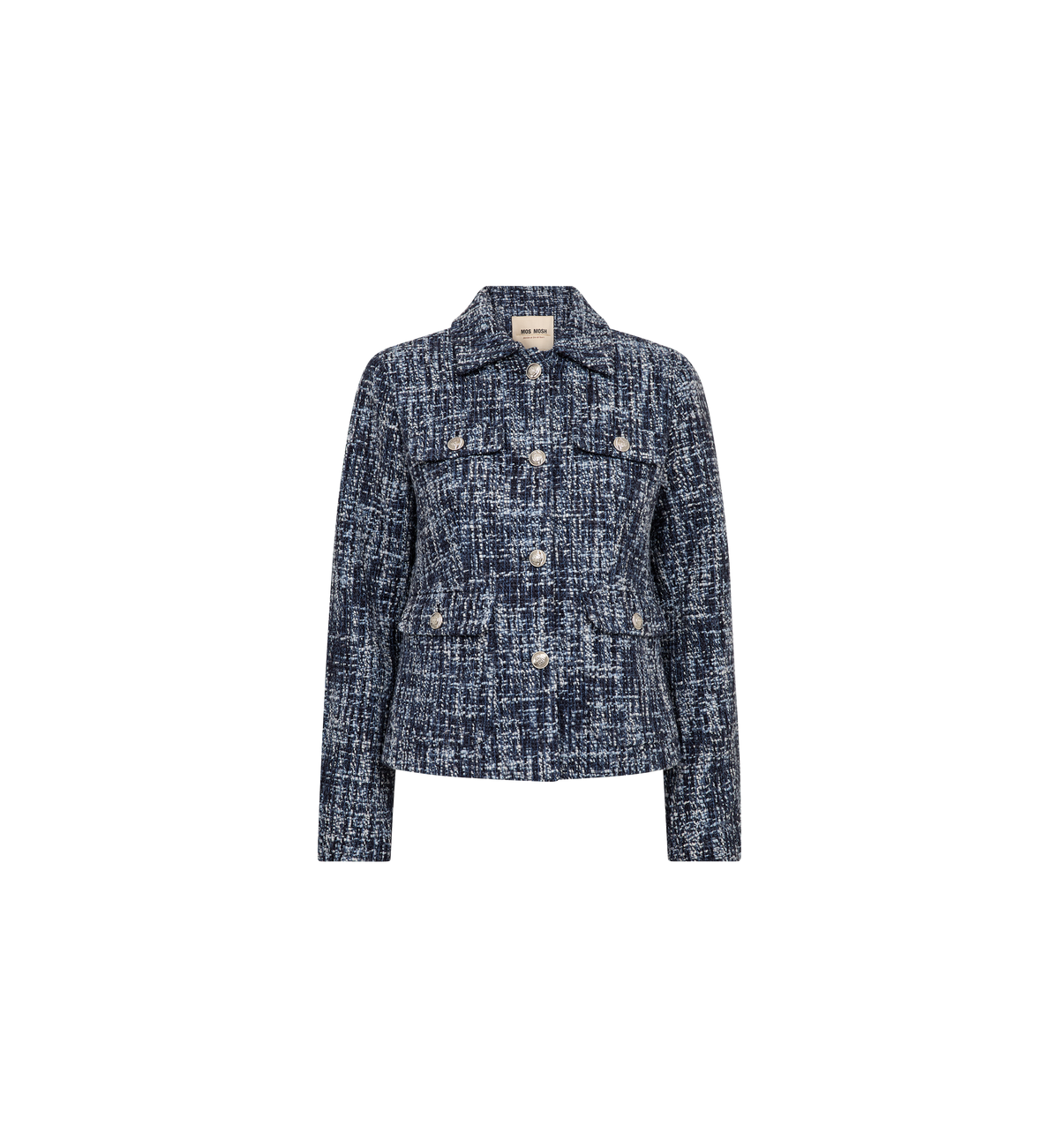 Veste courte en tweed MOS MOSH Salute Navy – vue de face à plat, boutons dorés et quatre poches à rabat