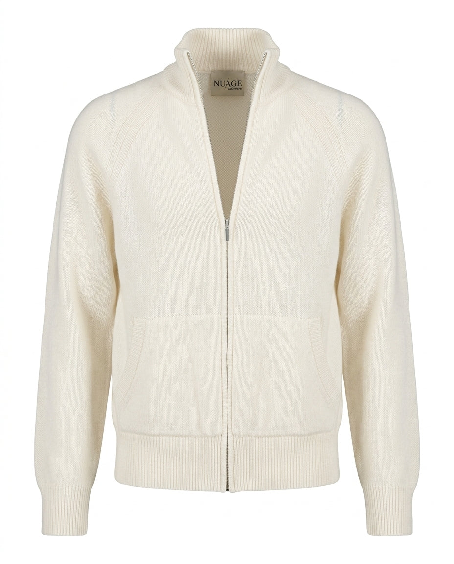 Bomber en cachemire Nuage Cashmere blanc lait, vue de face à plat, fermeture zippée et col montant