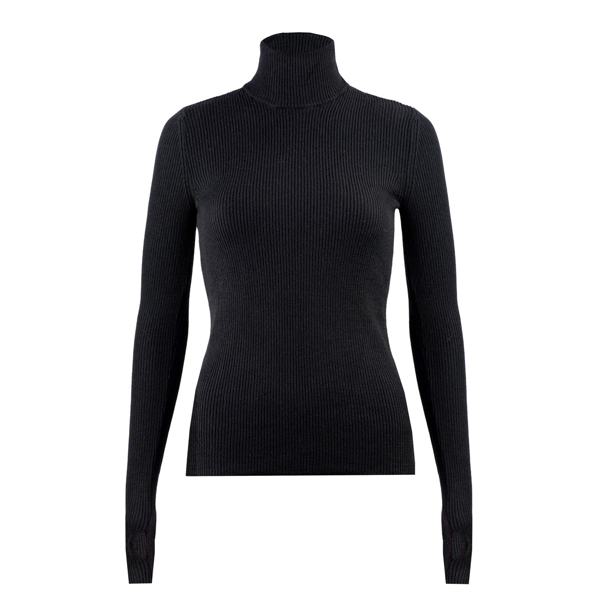Col roulé fin Nuage Cashmere en noir, vue de face à plat, maille côtelée