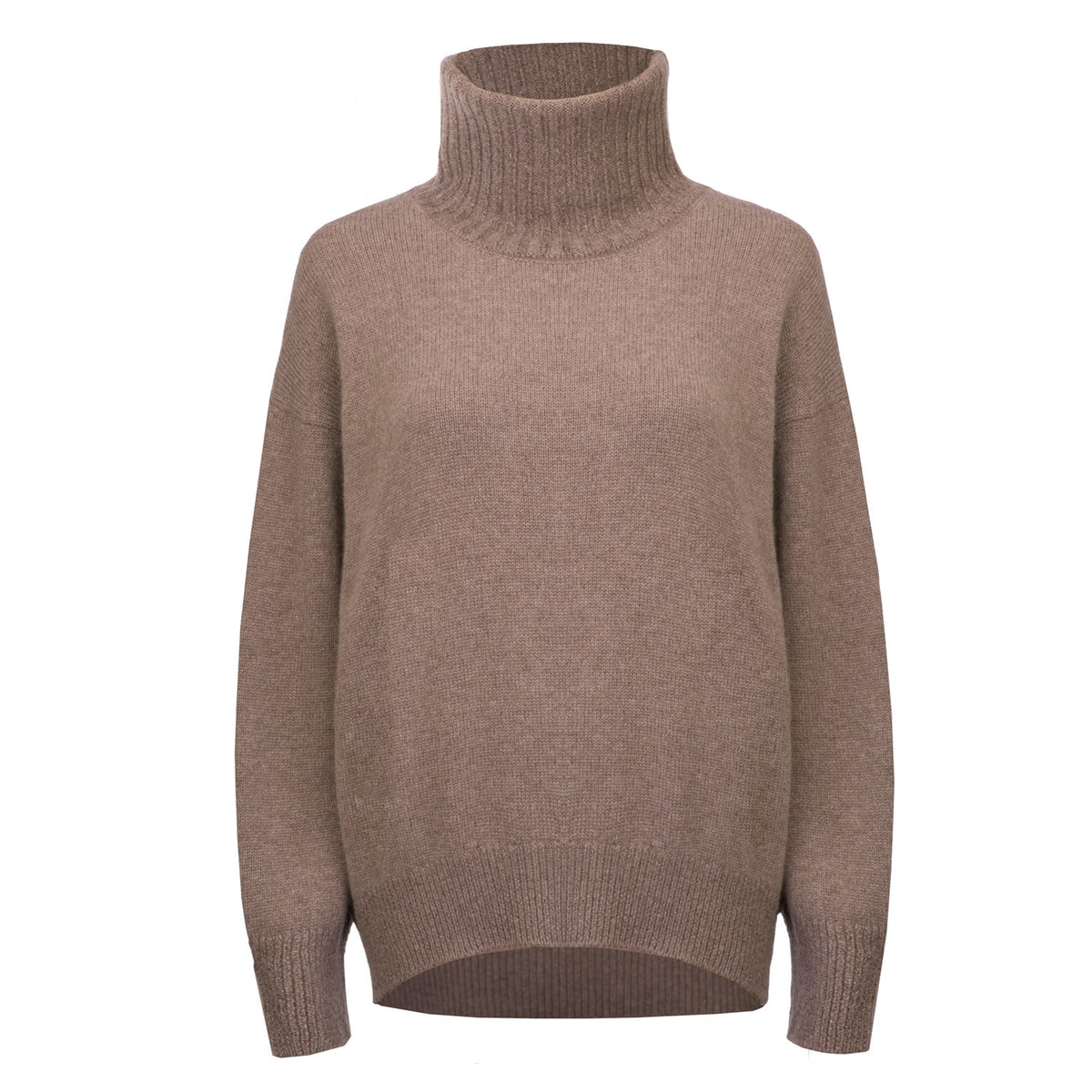 Pull col roulé Nuage Cashmere en Hot Capuccino, vue de face à plat, col roulé côtelé