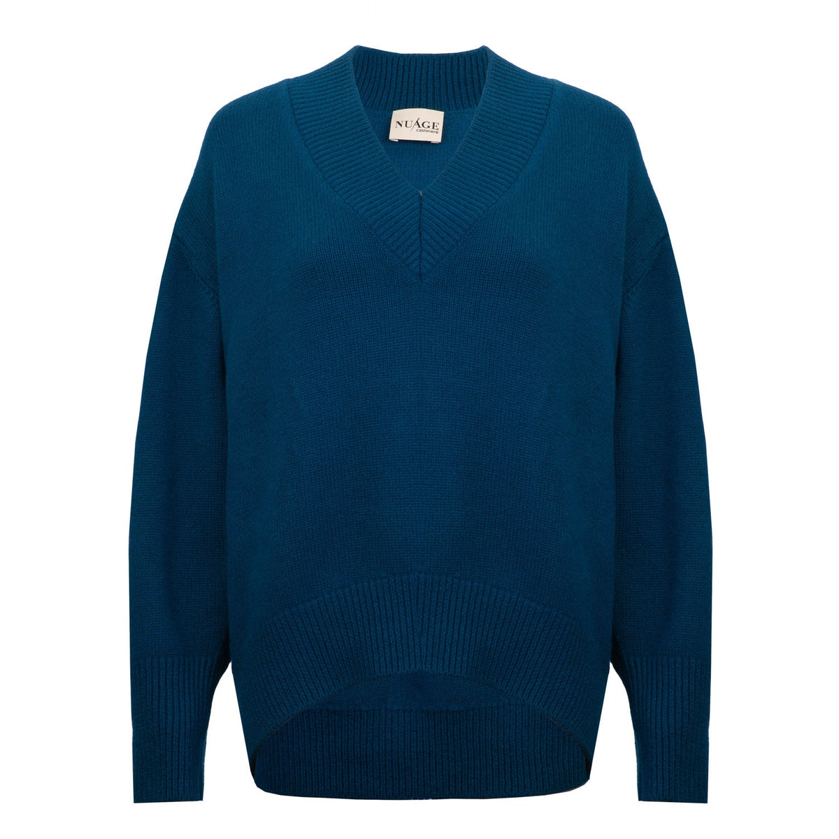 Pull col V Iconic Nuage Cashmere en Bleu Canard, vue de face à plat