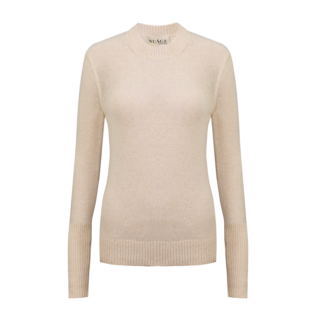 Pull léger Nuage Cashmere en Ivory, vue de face à plat, col rond et bords-côtes fins