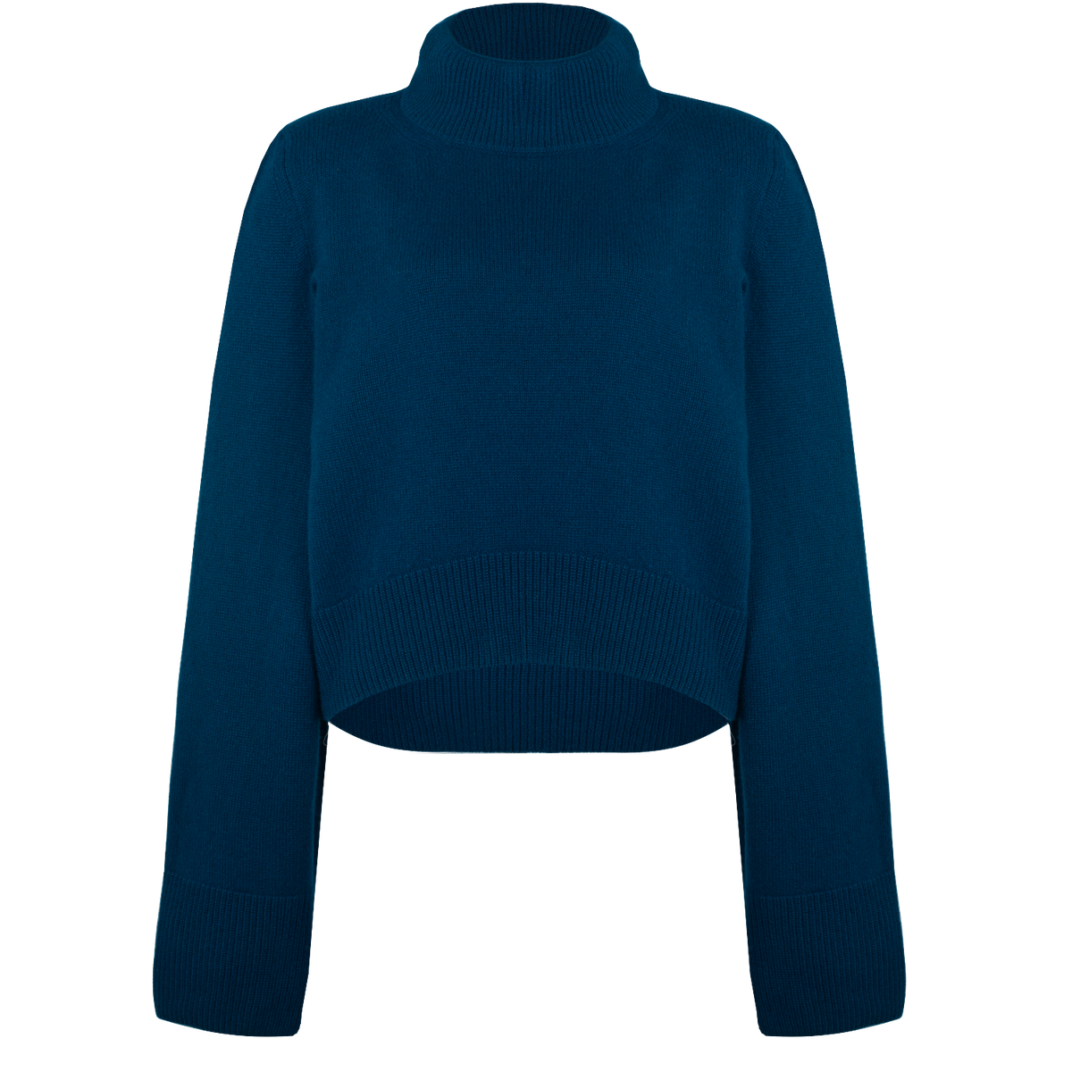 Pull manches larges Nuage Cashmere en Bleu Canard, vue de face à plat, col montant