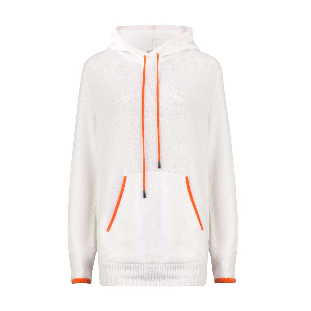 Sweat à capuche Nuage Cashmere en White Angel, vue de face à plat, cordons orange