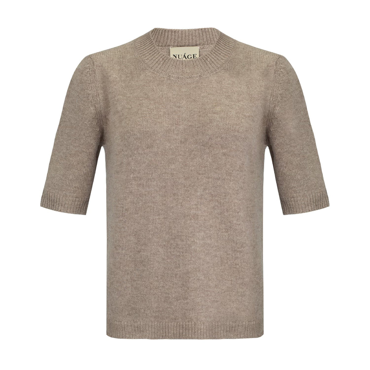 T-shirt en cachemire Nuage Cashmere Cappuccino, vue de face à plat, encolure ronde côtelée