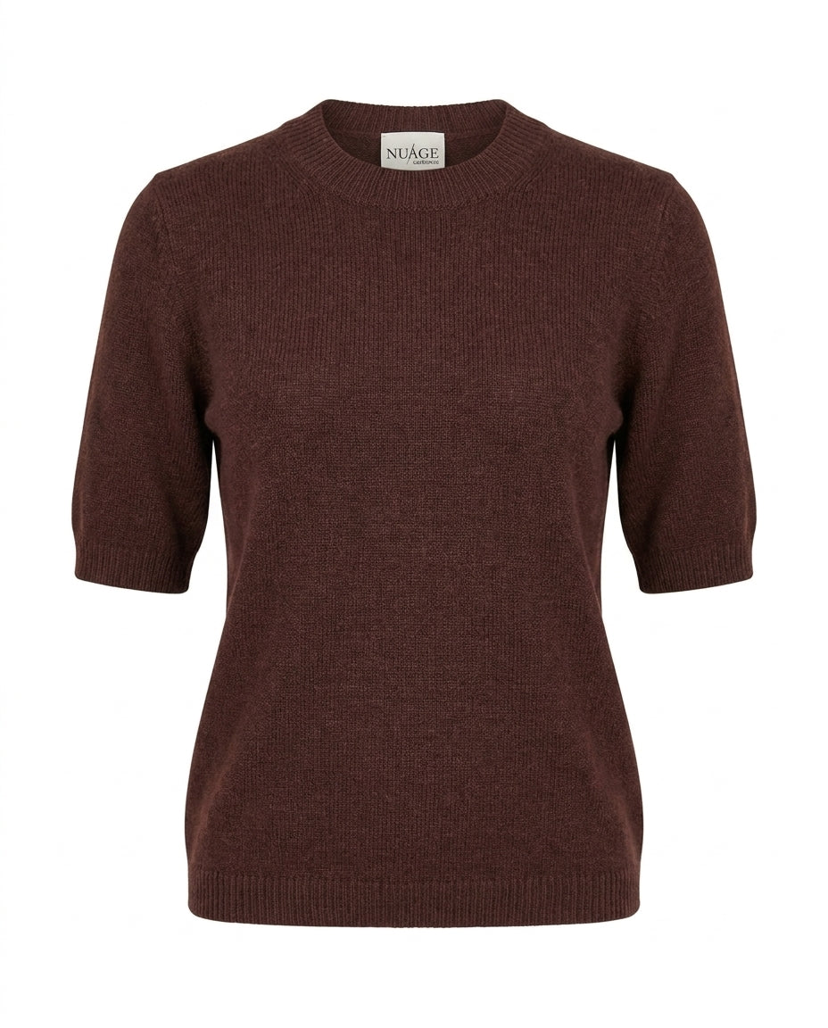 T-shirt en cachemire Nuage Cashmere chocolat, vue de face à plat, manches courtes