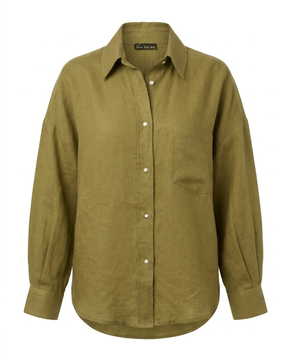 Chemise oversize en lin VAN PALMA Vert Olive – vue de face