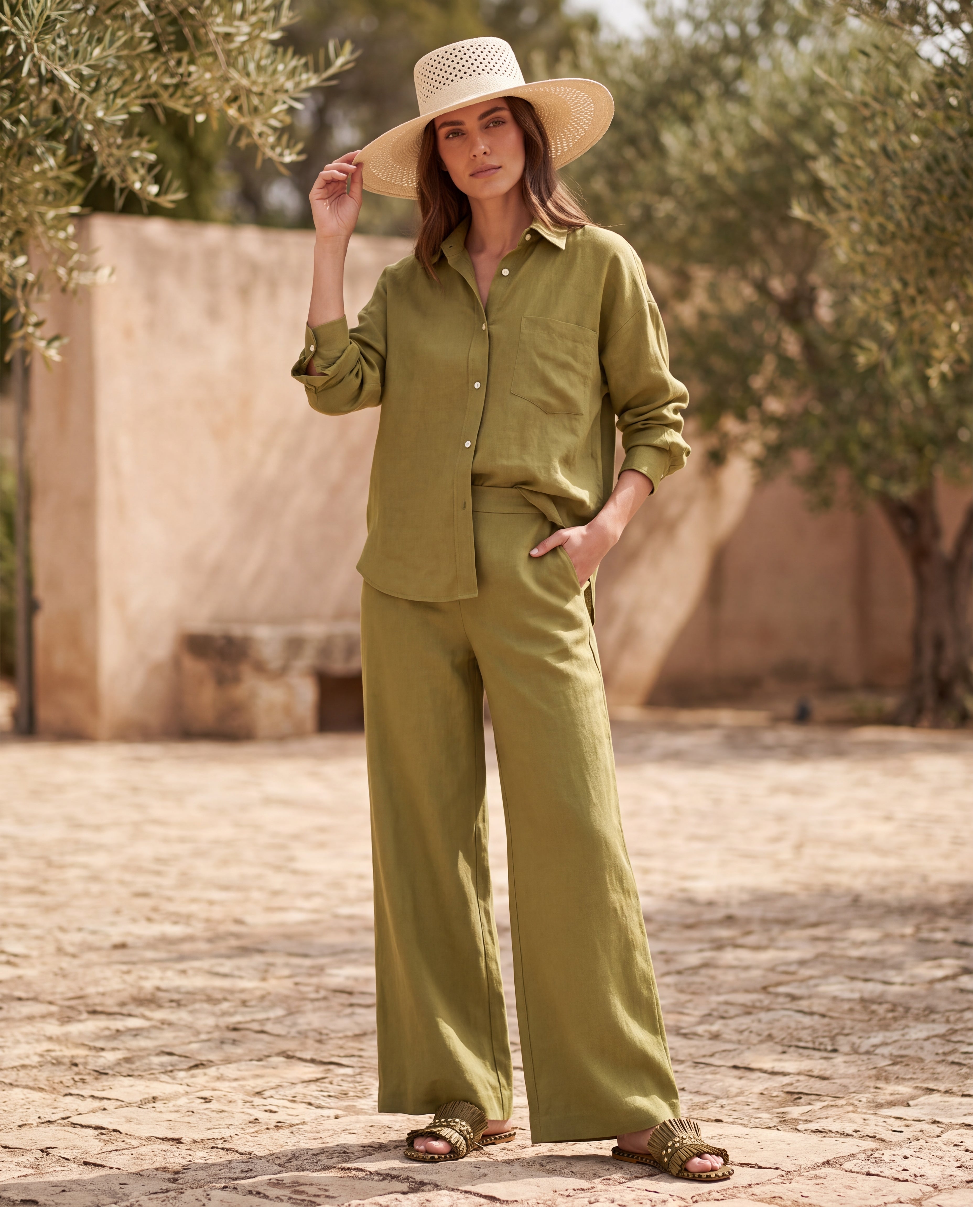 Pantalon Lune et chemise oversize en lin VAN PALMA Vert Olive portés avec un chapeau de paille – look complet