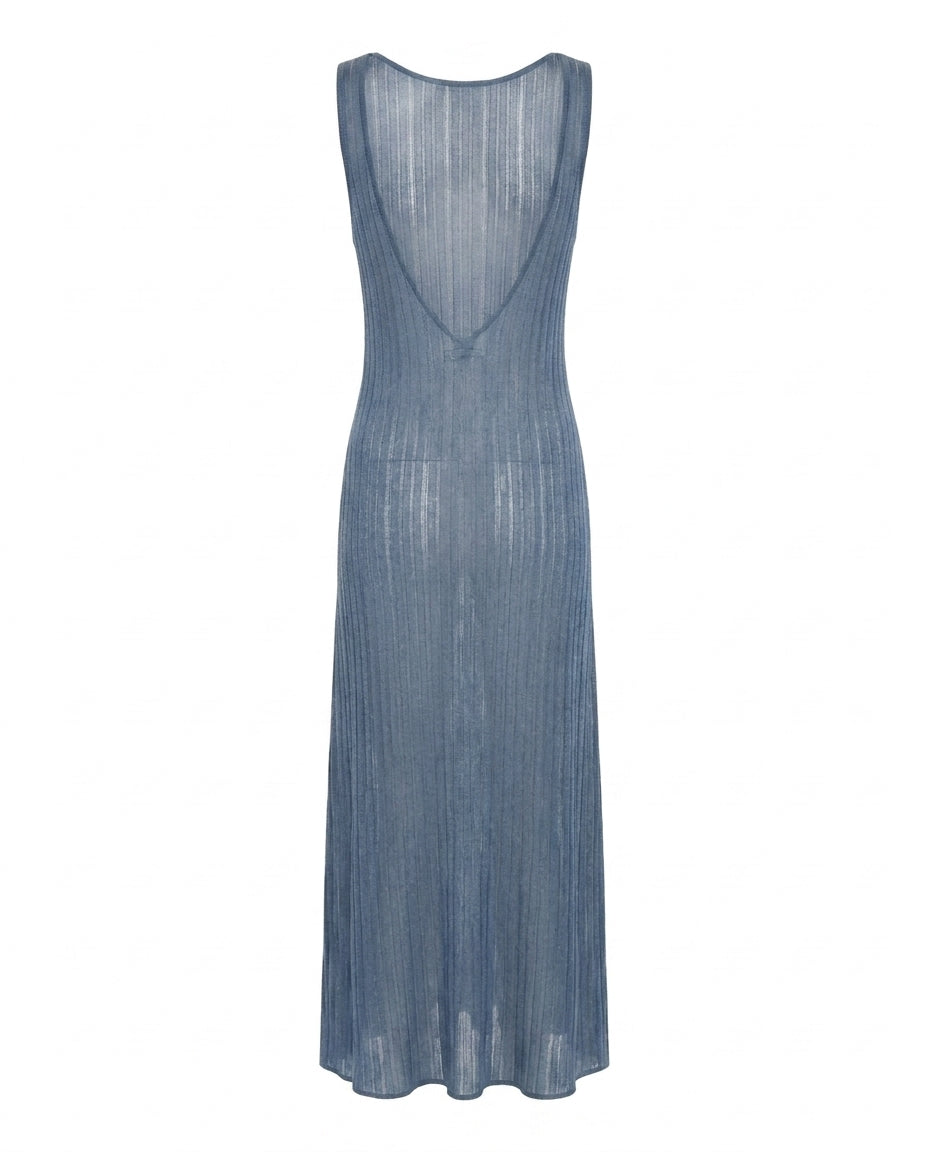 Robe longue plissée Marla VAN PALMA Bleu, dos échancré – vue de dos